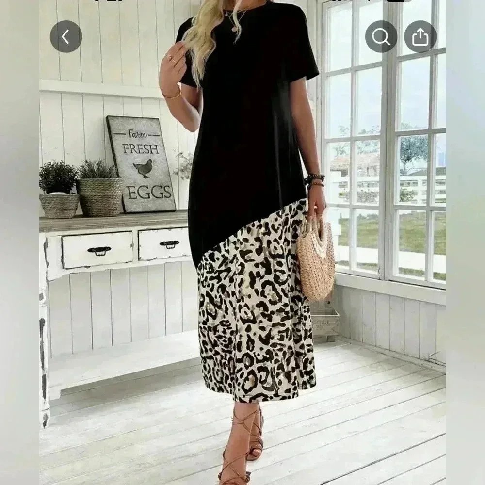 NEW Leopard Color Block Maxi Dress Size Large Casual Chic Flowy - Picture 5 of 11